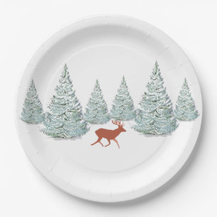 Festive Brown Deer under Snowy Spruce Trees   Paper Plate