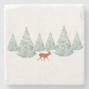 Festive Brown Deer under Snowy Spruce Trees Stone Coaster
