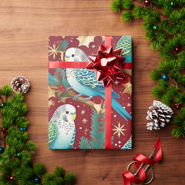 Festive Budgie Gold & Red Christmas Wrapping Paper (Holiday Gift)
