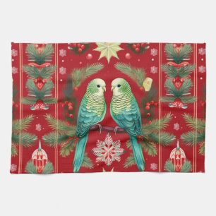 Festive Budgies Christmas   Holiday Cheer Tea Towel