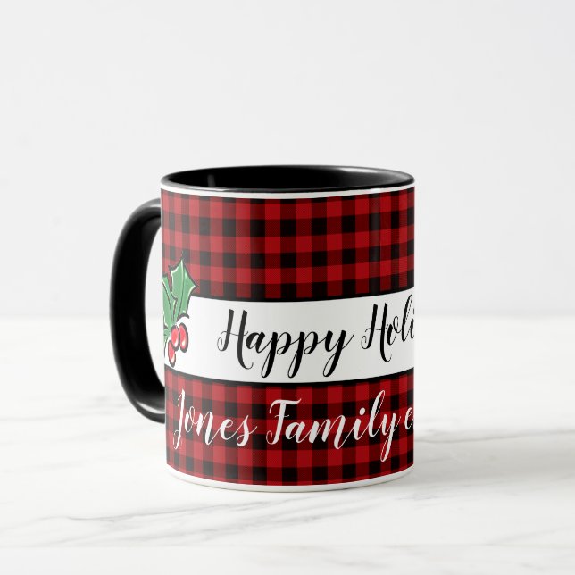 Festive buffalo plaid holiday mug, customisable mug (Front Left)