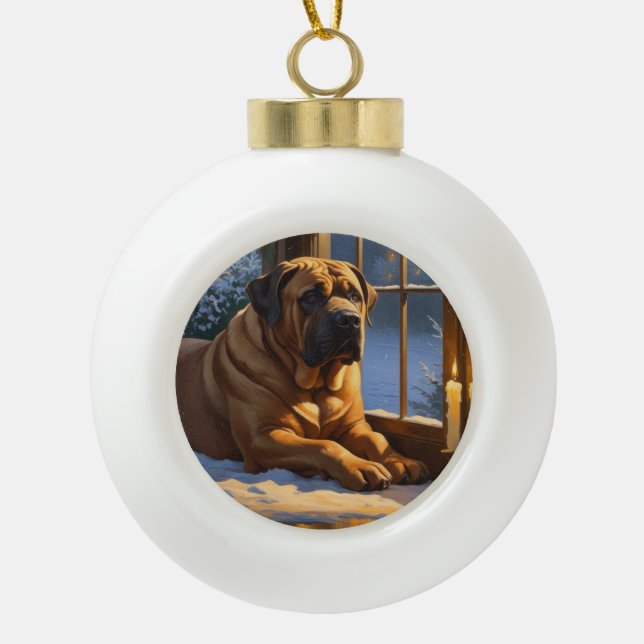 Festive Bullmastiff with Christmas Lights Holiday Ceramic Ball Christmas Ornament (Front)