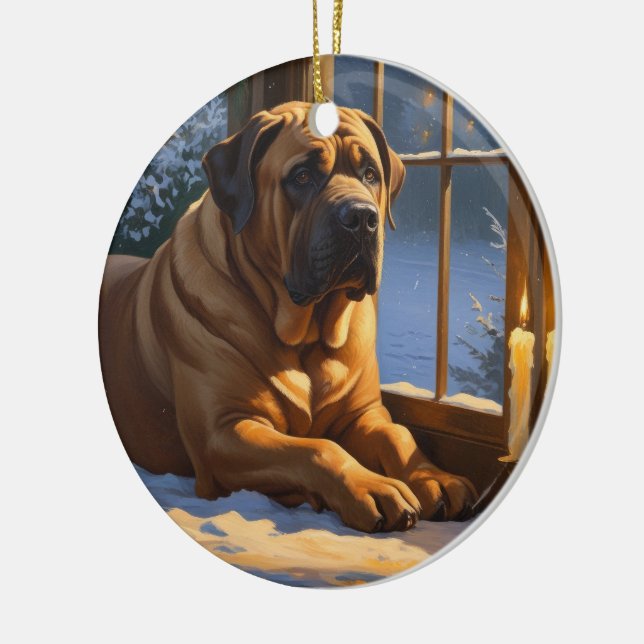 Festive Bullmastiff with Christmas Lights Holiday Ceramic Ornament (Left)