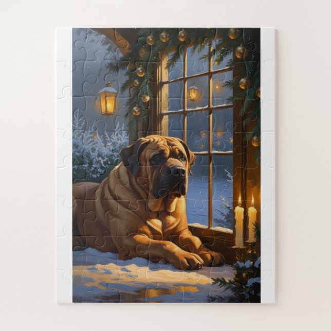 Festive Bullmastiff with Christmas Lights Holiday Jigsaw Puzzle (Vertical)