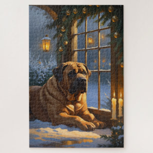 Festive Bullmastiff with Christmas Lights Holiday Jigsaw Puzzle