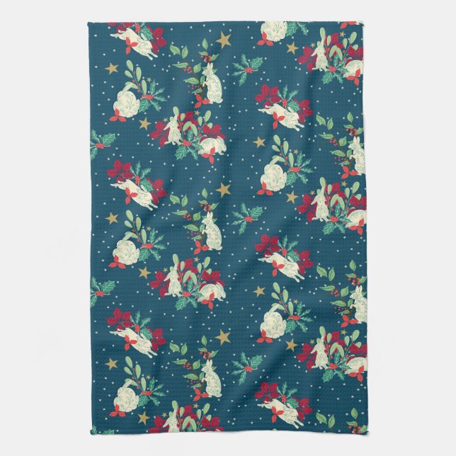 Festive Bunnies Play As Snow Falls Tea Towel (Vertical)