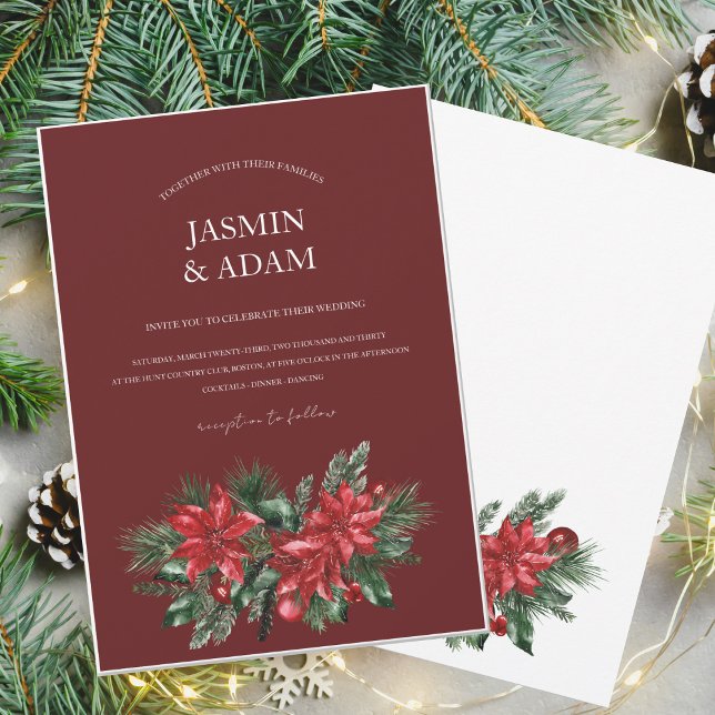 Festive Burgundy Green Winter Christmas Wedding Invitation (Creator Uploaded)