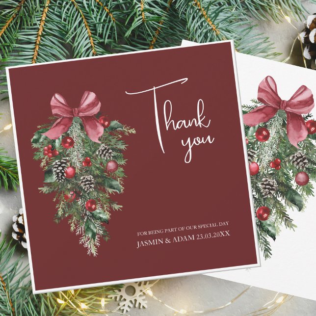 Festive Burgundy Green Winter Christmas Wedding Thank You Card (Creator Uploaded)