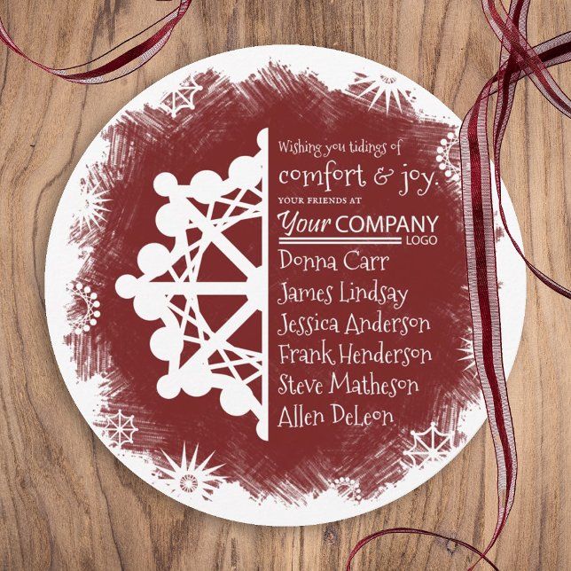 Festive Burgundy Round Business Holiday Card (burgundy company holiday card, burgundy red business logo christmas card, white snowflake snow)