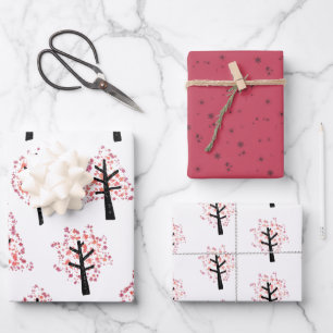 Festive Burgundy Snowflake Christmas Tree Wrapping Paper Sheet