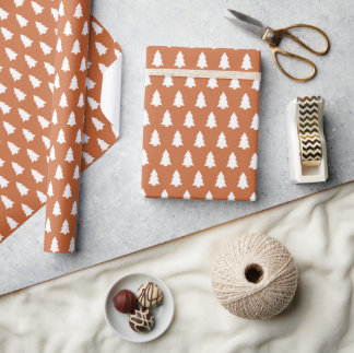 Festive Burnt Orange White Christmas Tree pattern Wrapping Paper