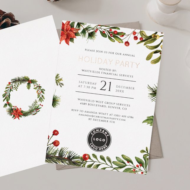 Festive Business Christmas Holiday Party Rose Gold (Christmas Open House Red Berries Mistletoe Party Rose Gold Foil Invitation)