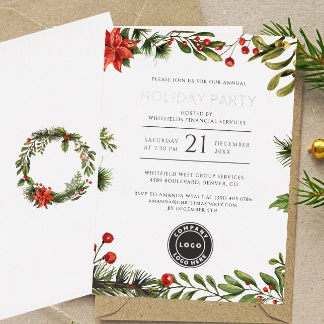 Festive Business Christmas Holiday Party Silver (Christmas Open House Red Berries Mistletoe Party Silver Foil Invitation)