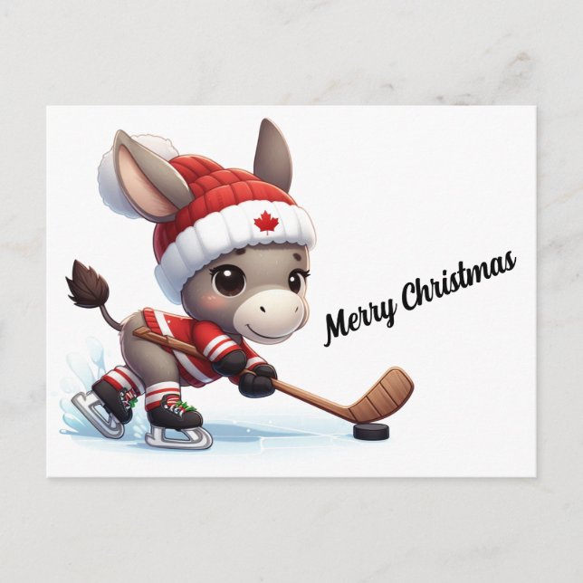 Festive Canada Christmas Hockey Donkey Postcard (Front)