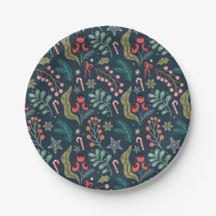 Festive Candy Cane and Holly Pattern Paper Plate