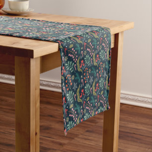 Festive Candy Cane and Holly Pattern Short Table Runner