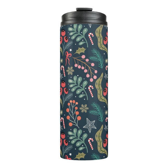 Festive Candy Cane and Holly Pattern Thermal Tumbler (Front)