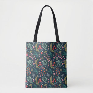 Festive Candy Cane and Holly Pattern Tote Bag