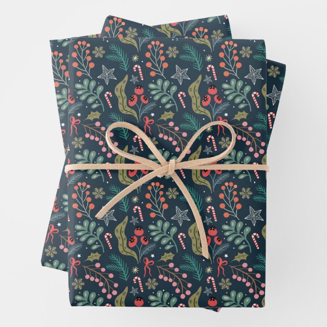 Festive Candy Cane and Holly Pattern Wrapping Paper Sheet (In situ)