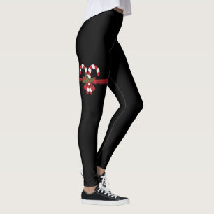Festive Candy Cane Bow Wrap On Black Leggings