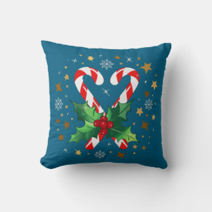 Festive Candy Cane Heart Christmas Holly & Star Cushion