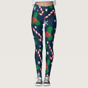 Festive Candy Cane & Holly Berry Christmas Leggings