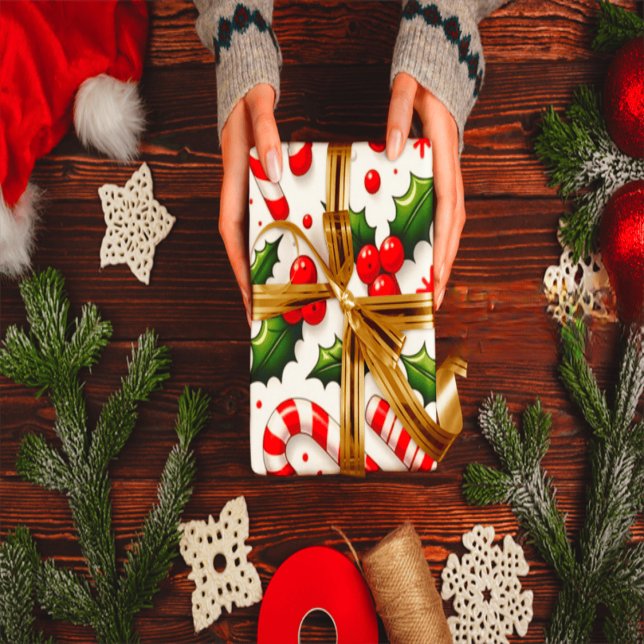 Festive Candy Cane & Holly Christmas Wrapping Pape Wrapping Paper (Creator Uploaded)