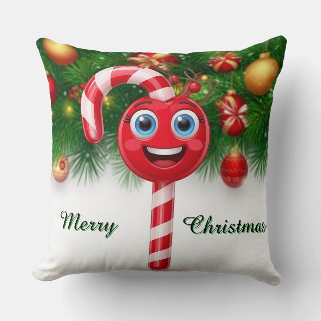 Festive Candy Cane Lollipop With Smiley Face Cushion (Front)