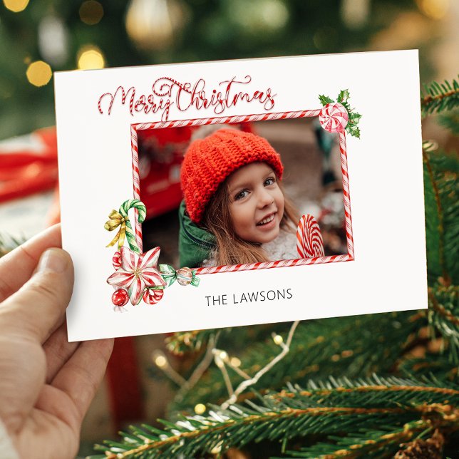 Festive Candy Cane Merry Christmas One Photo Holiday Card (Creator Uploaded)