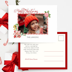 Festive Candy Cane Merry Christmas One Photo Holiday Postcard