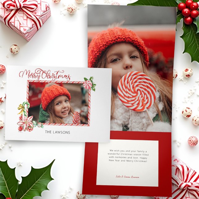 Festive Candy Cane Merry Christmas One Photo Tri-Fold Holiday Card (Creator Uploaded)