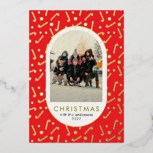 Festive Candy Cane Pattern Christmas family photo Foil Holiday Card