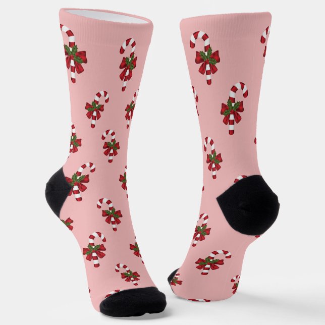 Festive Candy Cane Pattern On Pink Socks (Angled)