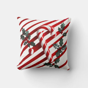 Festive Candy Cane with Holly Christmas Design Cushion