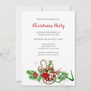 Festive Candy Canes and Poinsettia Christmas Party Invitation