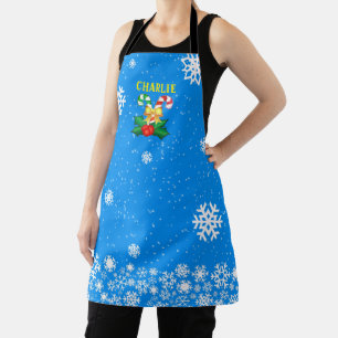 FESTIVE Candy Canes & Snowflakes Bright BLUE Apron