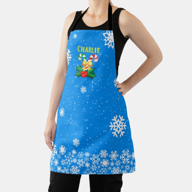 FESTIVE Candy Canes & Snowflakes Bright BLUE Apron (Insitu)