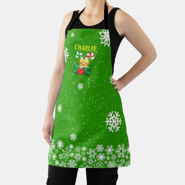 FESTIVE Candy Canes & Snowflakes GREEN Apron (Insitu)