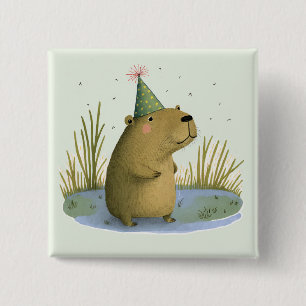 Festive Capybara Birthday Hat Button