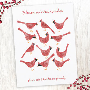 Festive Cardinal Bird Watercolor Holiday Postcard