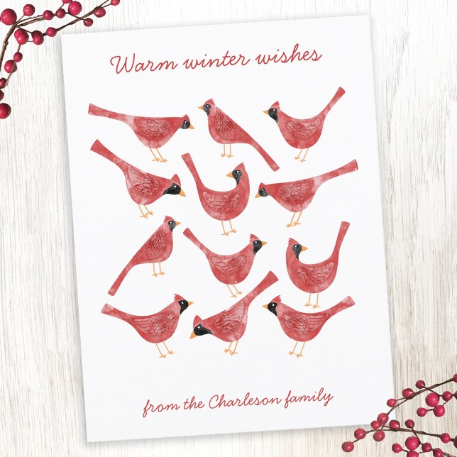 Festive Cardinal Bird Watercolor Holiday Postcard (Fun red and white watercolor Cardinal bird personalized Christmas Holiday card)