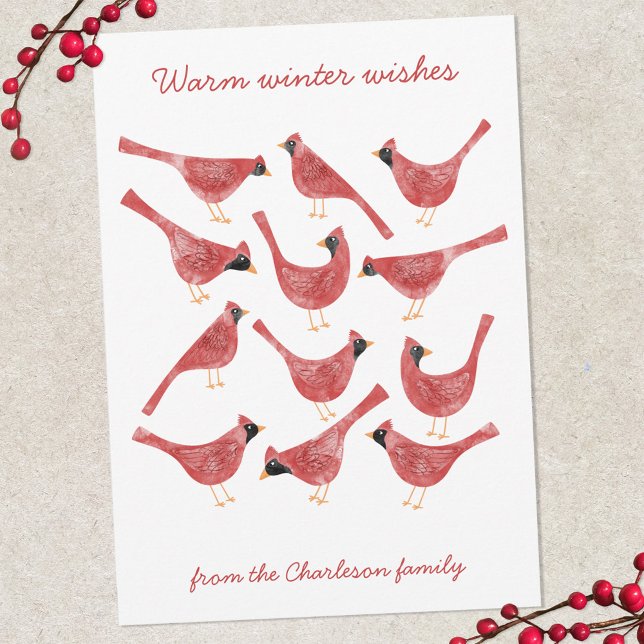 Festive Cardinal Bird Watercolor Personalised Holiday Card (Fun red and white watercolor Cardinal bird personalized Christmas Holiday card)