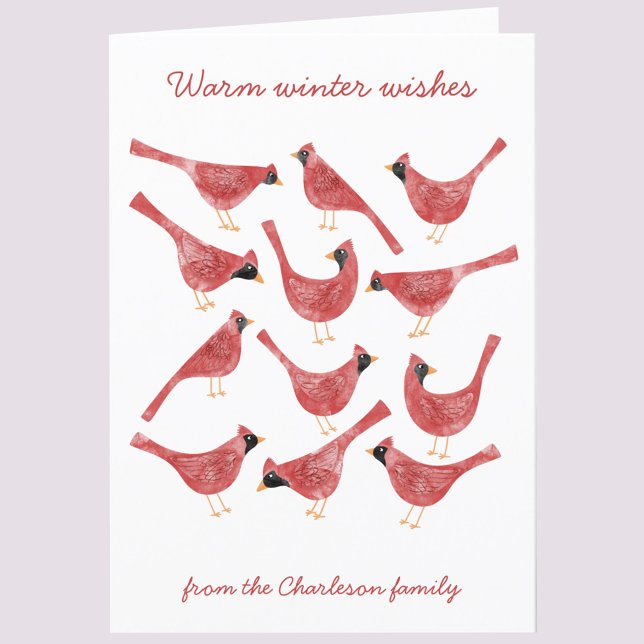 Festive Cardinal Bird Watercolor Personalised Holiday Card (Fun Cardinal bird red and white watercolor art personalized custom text holiday card)