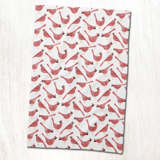 Festive Cardinal Bird Watercolor Tea Towel (Fun red watercolor festive Cardinal bird pattern Christmas Holidays kitchen towel)