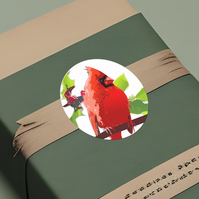 Festive Cardinal Bird Winter Holly Holiday Cheer Classic Round Sticker (Holiday cardinal sticker, red Christmas bird in pop art style)