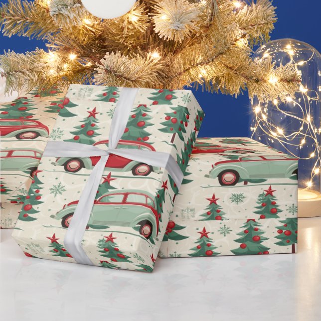 Festive cars on cheerful wrapping paper (Holidays)