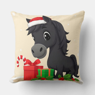 Festive Cartoon Black Horse With Santa Hat Cushion