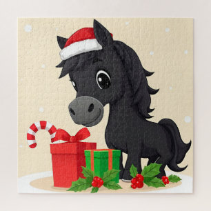 Festive Cartoon Black Horse With Santa Hat Jigsaw Puzzle