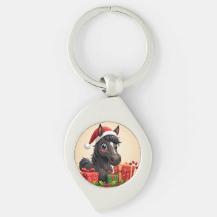 Festive Cartoon Black Horse With Santa Hat Key Ring