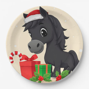 Festive Cartoon Black Horse With Santa Hat Paper Plate